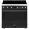 SMEG SZABADONÁLLÓ TŰZHELY, Classica design, 90 cm, 1 sütőtér, indukciós főzőlap, inox gombok és fogantyúk, matt fekete