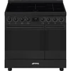 SMEG SZABADONÁLLÓ TŰZHELY, Classica design, 90 cm, 2 sütőtér, indukciós főzőlap, fekete gombok és fogantyúk, matt fekete