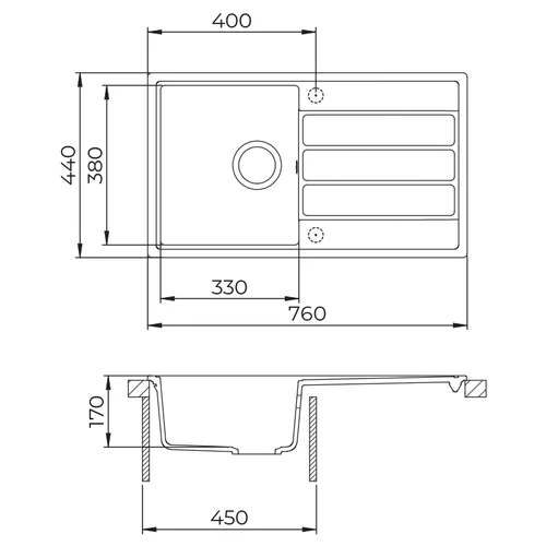 EVIDO Easy 45S gránit mosogató, 760 x 440 mm, avena, doboz nélkül, lefolyógarnitúrával