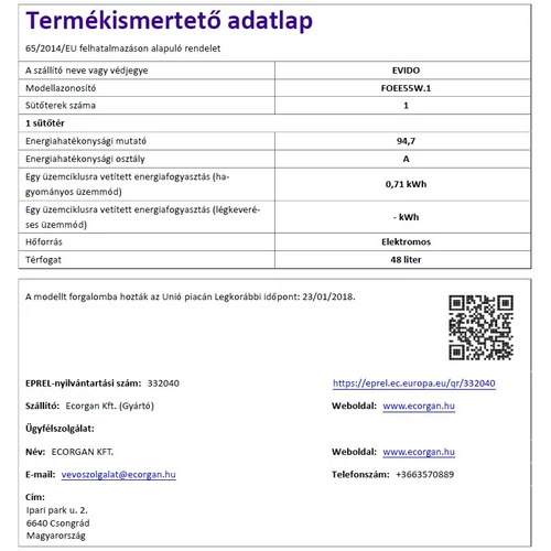 EVIDO FREE EE55W elektromos tűzhely,fehér,50*55cm