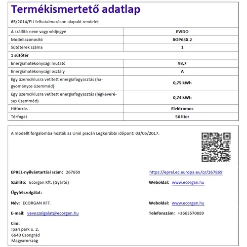 EVIDO PRIMO 63X légkev.sütő,inox/fek