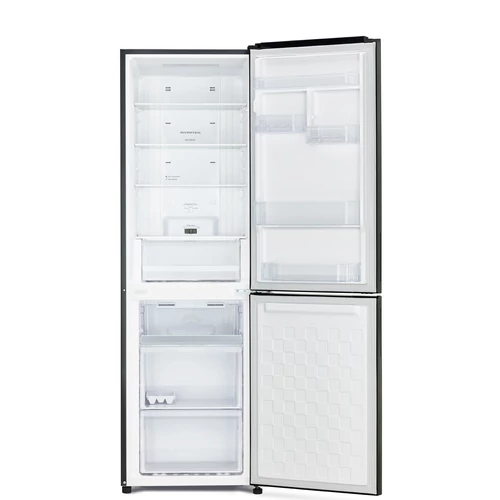 HITACHI alulfagyasztós hűtőszekrény, 2 ajtós, 330 l, borpolc, fekete üveg