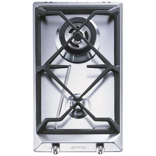 SMEG DOMINO GÁZ FŐZŐLAP, Contemporary design, 31 cm, 2 gázégő (hátsó: 3,3 kW-os wok), szálcsiszolt rozsdamentes acél