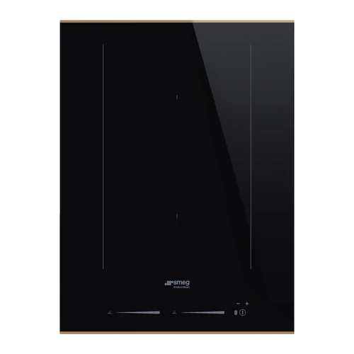 SMEG DOMINO INDUKCIÓS FŐZŐLAP, Dolce Stil Novo design, 38 cm, 2 főzőzóna, 1 MultiZone híd zóna, fekete üveg, réz dísz