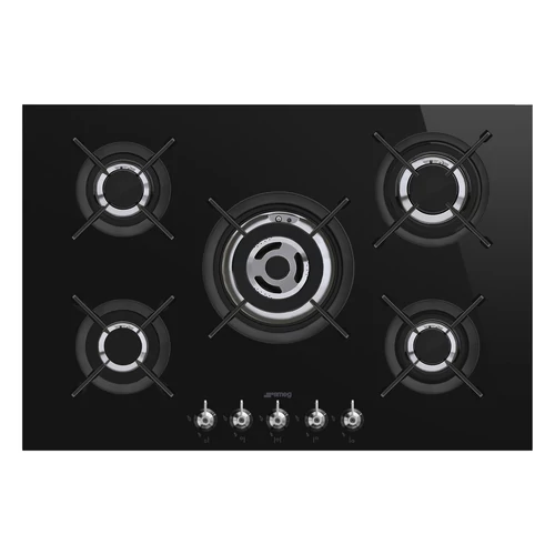 SMEG GÁZ FŐZŐLAP,Classic,75 cm,4 db normál + 1 db 4,2 kW-os WOK égő,öntöttvas edénytartók,fekete üvegkerámia alap