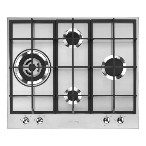 SMEG GÁZ FŐZŐLAP,Classic ,60 cm,4 gázégő,ebből 1 3,5 kW-os wok égő,,szálcsiszolt rozsdamentes acél,ezüst vezérlőgombok