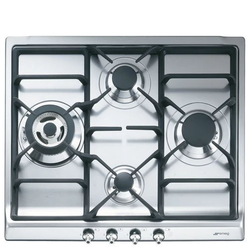 SMEG GÁZ FŐZŐLAP,Classic ,60 cm,4 gázégő,ebből 1 3,9 kW-os wok égő,,szálcsiszolt rozsdamentes acél,ezüst vezérlőgombok