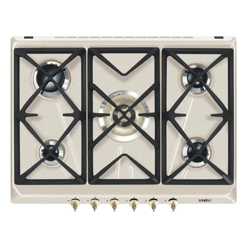 SMEG GÁZ FŐZŐLAP,Colonial,70 cm,4 db norm + 1 db  5,0 kW-os ultra-wok égő,öntöttvas edénytart,avena bézs,bronz gombok