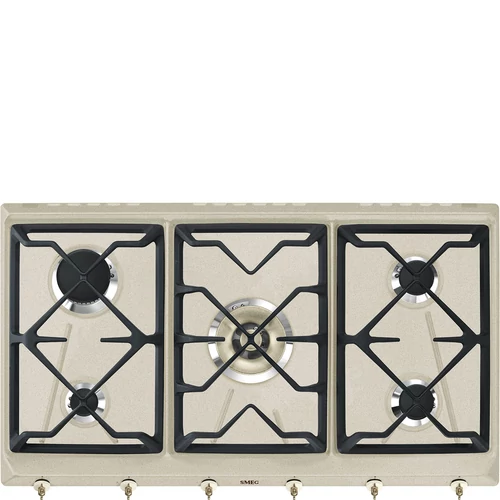 SMEG GÁZ FŐZŐLAP,Colonial,90 cm,4 db norm + 1 db 5 kW-os wok égő,3 öntöttvas edényt,avena bézs,bronz gombok