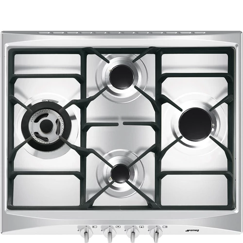 SMEG GÁZ FŐZŐLAP,Selezione,60 cm,4 égő,ebből 1 db 3,9 kW-os wok égő,öntöttvas edénytartó rácsok,szálcsisz.rm.acél