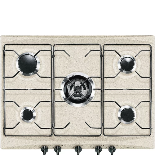 SMEG GÁZ FŐZŐLAP,Selezione,70 cm,4 db norm + 1 db 3,9 kW-os WOK égő,zománcozott edénytartó,avena bézs fekete gombokkal