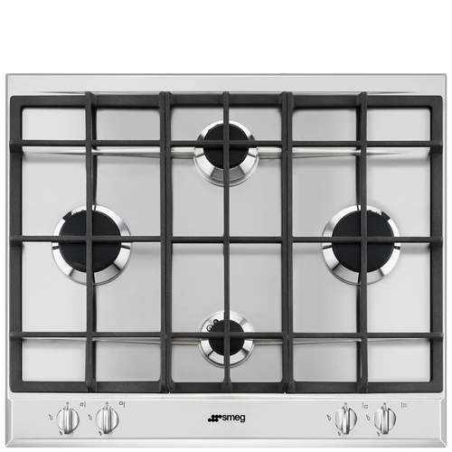 SMEG GÁZ FŐZŐLAP,Selezione ,60 cm,4 db normál égő,öntöttvas edénytartó rácsok, szálcsiszolt rm.acél,ezüst vezérlőgombok