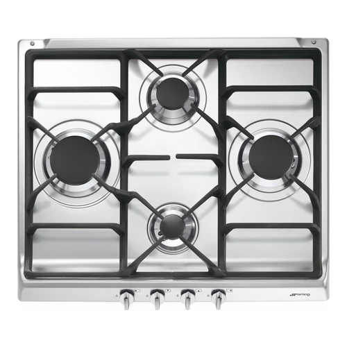 SMEG GÁZ FŐZŐLAP, Classic design, 60 cm, 4 gázégő, öntöttvas edénytartók, rozsdamentes acél, ezüst vezérlőgombok