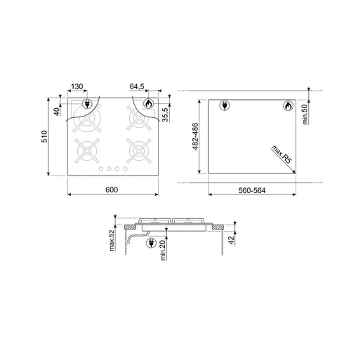 SMEG GÁZ FŐZŐLAP, Classica, 60 cm, öntöttvas rács, fekete üveg