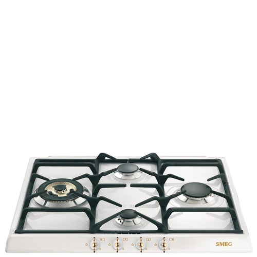 SMEG GÁZ FŐZŐLAP, Coloniale design, 60 cm, 4 égő, 1 db 3,9 kW-os wok égő, fehér/arany színű gombok