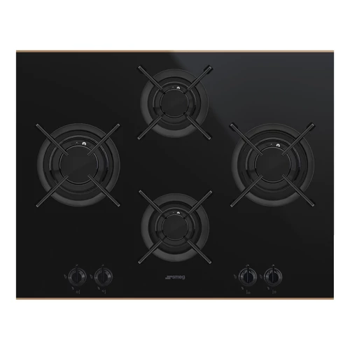 SMEG GÁZ FŐZŐLAP, Dolce Stil Novo , 60 cm, 4 gázégő, öntöttvas edénytartók, fekete üvegkerámia alap réz díszítéssel