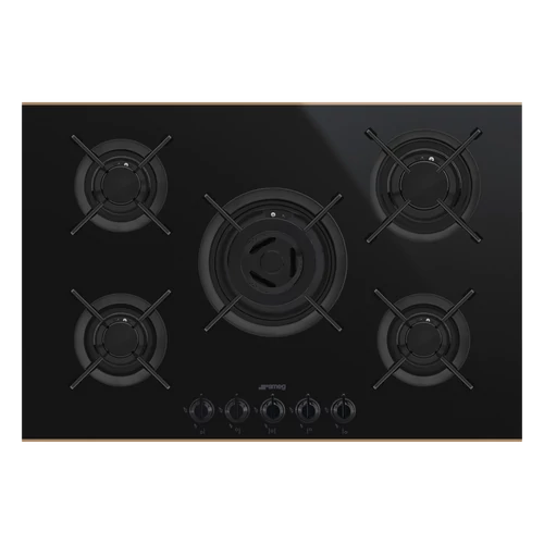 SMEG GÁZ FŐZŐLAP, Dolce Stil Novo , 75 cm,  5 gázégő, öntöttvas edénytartók, fekete üvegkerámia alap réz díszítéssel