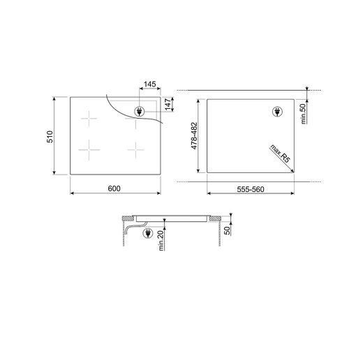 SMEG INDUKCIÓS FŐZŐLAP, Universal design, 60 cm, 4 főzőzóna, 2 MultiZone híd zóna, matt fekete üveg