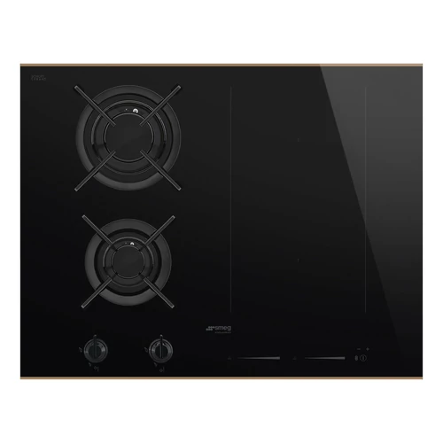 SMEG KOMBINÁLT FŐZŐLAP, Dolce Stil Novo design, 65 cm, 2 db égő, 2 db indukciós zóna, MultiZone,fekete üveg réz díszítés