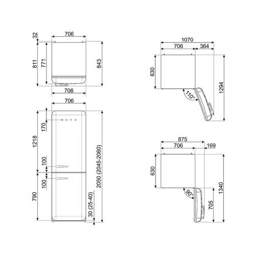 SMEG KOMBINÁLT HŰTŐ ÉS FAGYASZTÓ, retro, 70,6x205 cm, jobb oldali pántok,  piros
