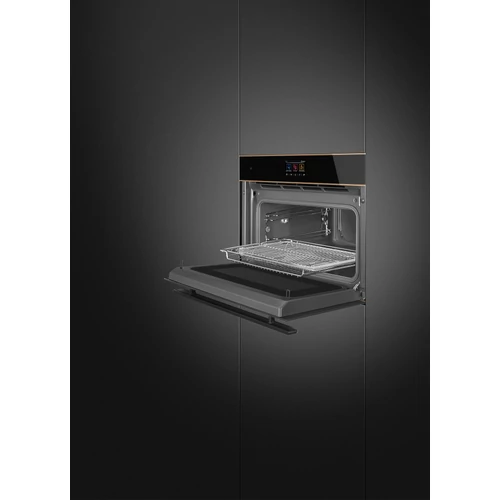 SMEG KOMPAKT KOMBINÁLT MIKROHULLÁMÚ SÜTŐ, Dolce Stil Novo design, Galileo, 45 cm, TFT, fekete üveg, réz dísz
