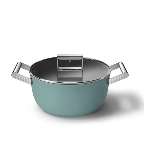 SMEG LÁBAS, 24 cm, edzett üveg fedél, rozsdamentes acél fogantyú, matt smaragdzöld