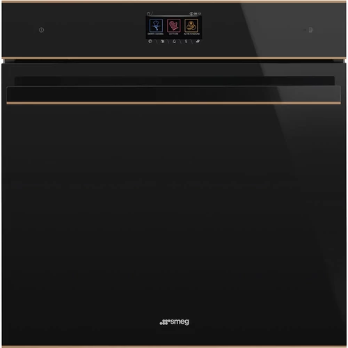 SMEG PIROLITIKUS HŐLÉGKEVERÉSES SÜTŐ, Dolce Stil Novo design, Galileo, 60 cm, TFT, fekete üveg, réz dísz