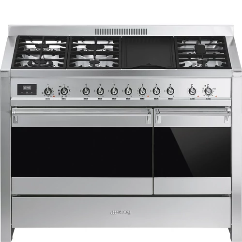 SMEG SZABADONÁLLÓ TŰZHELY,Opera,120 cm,2  sütő,9 és 4 funkció,70+35 l sütőtér,6 égő,rozsdamentes acél/ ezüst gombokkal