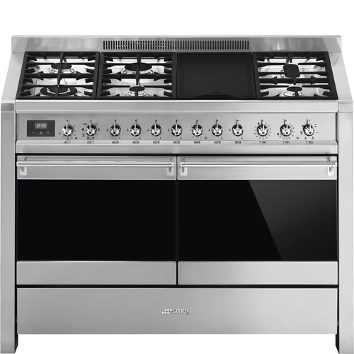 SMEG SZABADONÁLLÓ TŰZHELY,Opera,120 cm,2  sütő,9 és 4 funkció,70+35 l sütőtér,6 égő,rozsdamentes acél/ezüst gombokkal