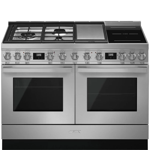 SMEG SZABADONÁLLÓ TŰZHELY, Portofino design, 120 cm, 2 sütőtér, gáz- teppanyaki- és indukciós főzőlap, inox