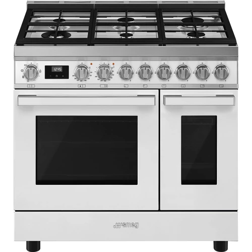 SMEG SZABADONÁLLÓ TŰZHELY,Portofino,90 cm,70+35 l,8+4 f, gőztisztítás, 6 égő (ebből 1 db 4,2 kW-os WOK égő),fehér