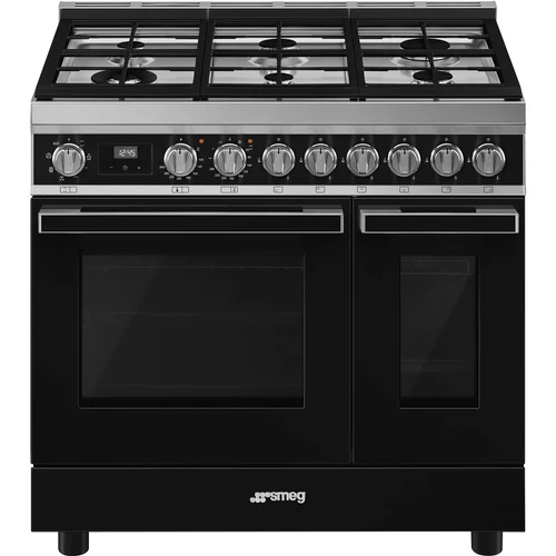 SMEG SZABADONÁLLÓ TŰZHELY,Portofino,90 cm,70+35 l,8+4 f, gőztisztítás, 6 égő (ebből 1 db 4,2 kW-os WOK égő),fekete