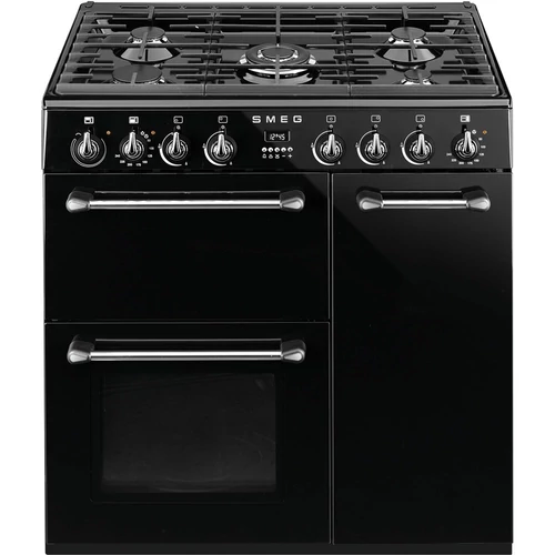 SMEG SZABADONÁLLÓ TŰZHELY,Victoria,90 cm,légkeveréses sütő,61+62+35 l sütőtér,5 égő,öntöttvas edénytartó,fekete