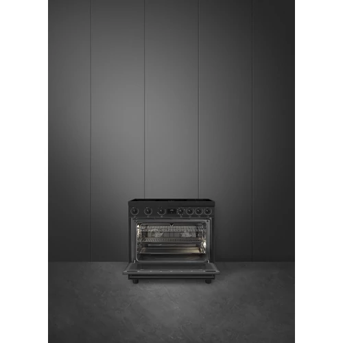 SMEG SZABADONÁLLÓ TŰZHELY, Classica design, 90 cm, 1 sütőtér, indukciós főzőlap, fekete gombok és fogantyúk, matt fekete