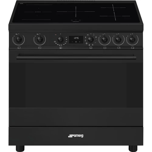 SMEG SZABADONÁLLÓ TŰZHELY, Classica design, 90 cm, 1 sütőtér, indukciós főzőlap, fekete gombok és fogantyúk, matt fekete