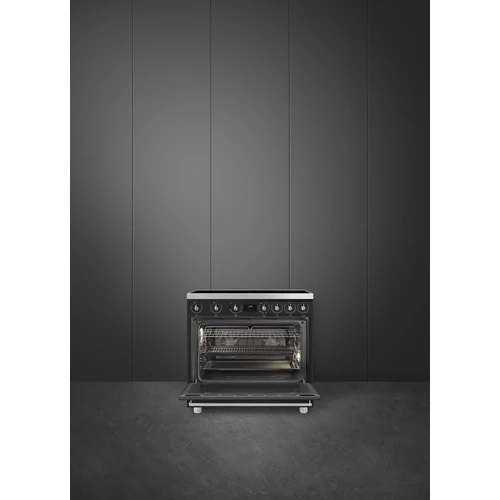 SMEG SZABADONÁLLÓ TŰZHELY, Classica design, 90 cm, 1 sütőtér, indukciós főzőlap, inox gombok és fogantyúk, matt fekete