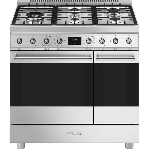 SMEG SZABADONÁLLÓ TŰZHELY, Classica design, 90 cm, 2 sütőtér, 8 funkció, gáz főzőlap, fekete üveg/rozsdamentes acél
