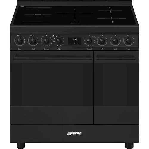 SMEG SZABADONÁLLÓ TŰZHELY, Classica design, 90 cm, 2 sütőtér, indukciós főzőlap, fekete gombok és fogantyúk, matt fekete