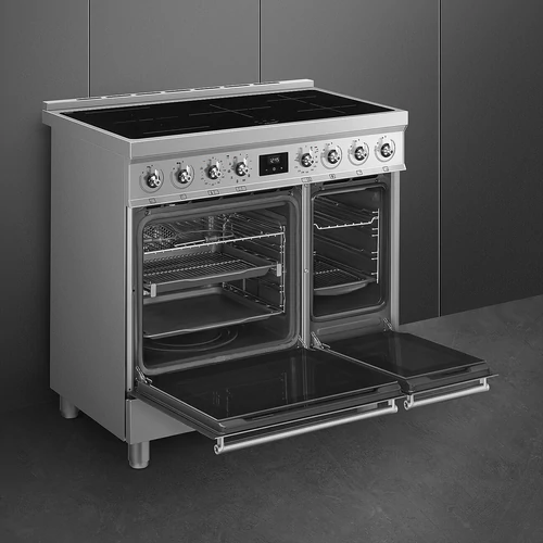SMEG PIROLITIKUS SZABADONÁLLÓ TŰZHELY, Classica design, 90 cm, 2 sütőtér, indukciós főzőlap, inox