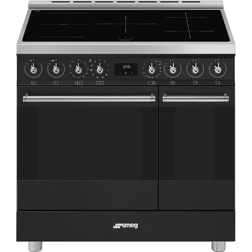 SMEG SZABADONÁLLÓ TŰZHELY, Classica design, 90 cm, 2 sütőtér, indukciós főzőlap, pirolitikus tisztítás, matt fekete