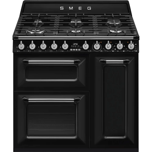 SMEG SZABADONÁLLÓ TŰZHELY, Victoria,90 cm,68+62+35 l,9 funkció,főzőlap: 6 gázégő, fekete/ ezüst gombokkal