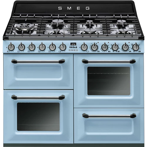 SMEG SZABADONÁLLÓ TŰZHELY, Victoria, 110 cm, 2 sütő, 61+61 l, grill rekesz 36 l, 7 égő, világoskék/ezüst vezérlőgombok