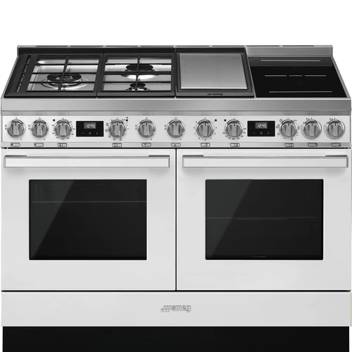 SMEG SZABADONÁLLÓ TŰZHELY, Portofino design, 120 cm, 2 sütőtér, gáz- teppanyaki- és indukciós főzőlap, fehér